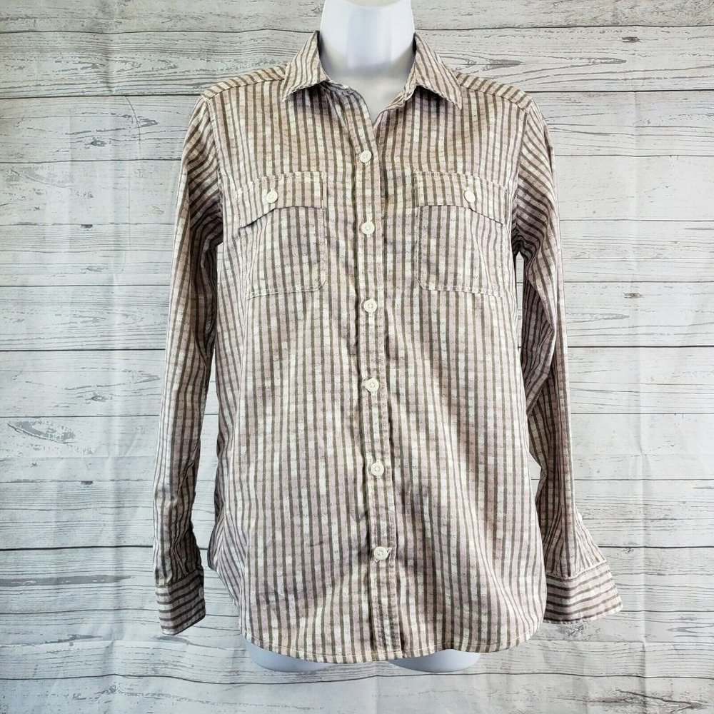REI Co-Op Womens Shirt Sz XS Green Pink Striped Button Front Long Sleeve